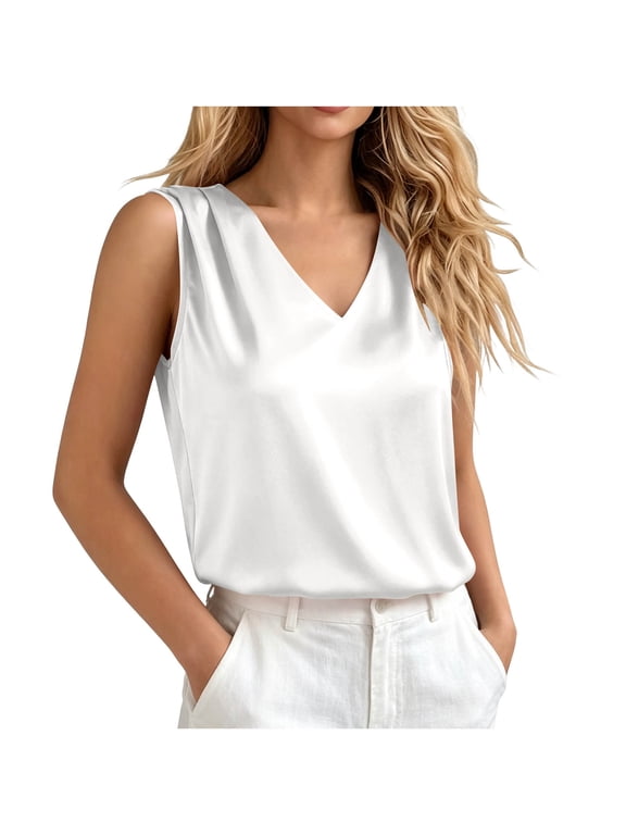 Women's Silk Satin Tank Tops V Neck Sleeveless Casual Pullover Camisole Dressy Business Office Basic Blouses Under Blazers or Jackets White M