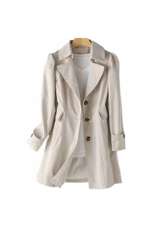 Women's Single Breasted Trench Coat Fall Button Up Lapel Overcoat Windproof Classic Jacket Outerwear with Pockets Beige M