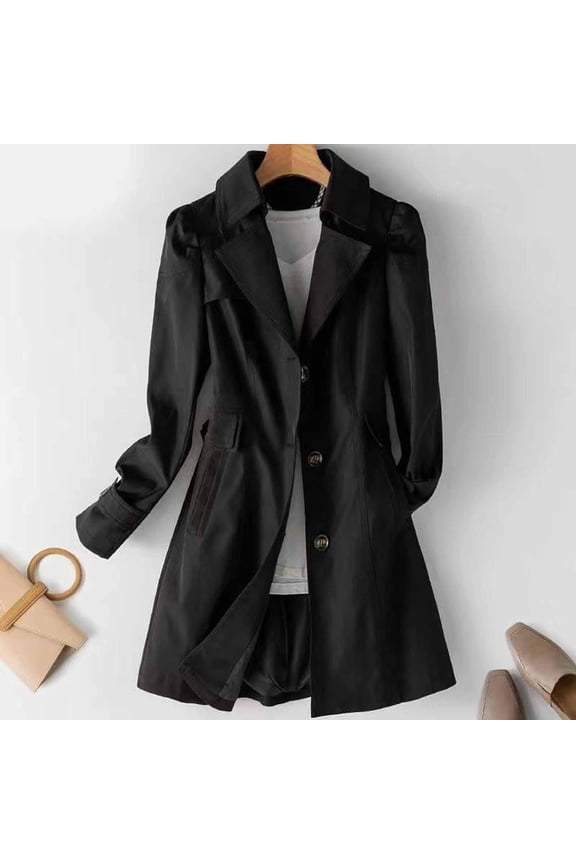 Women's Single Breasted Trench Coat Fall Button Up Lapel Overcoat Windproof Classic Jacket Outerwear with Pockets Black M