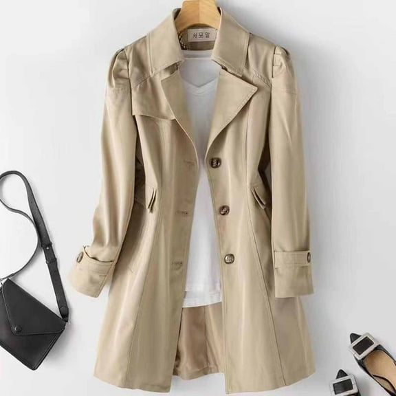 BLTIBY Women's Single Breasted Trench Coat Fall Button Up Lapel Overcoat Windproof Classic Jacket Outerwear with Pockets Khaki L
