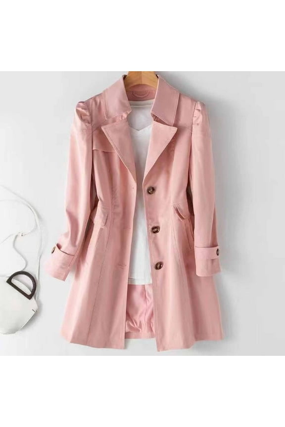 Women's Single Breasted Trench Coat Fall Button Up Lapel Overcoat Windproof Classic Jacket Outerwear with Pockets Pink M