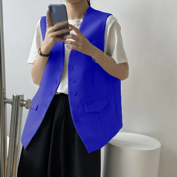 BLTIBY Women's Sleeveless Vest Fall Casual Blazer Waistcoat Open Front Business Office Button Down Jacket with Pockets Dark Blue XL