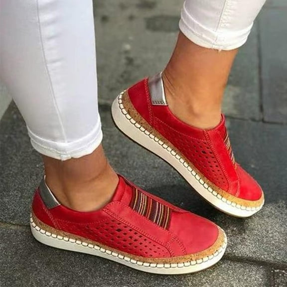 BLTIBY Women's Slip Ons Sneakers Comfortable Flats Breathable Padded Insole Slip on Sneakers Fashion Casual Shoes Red 40