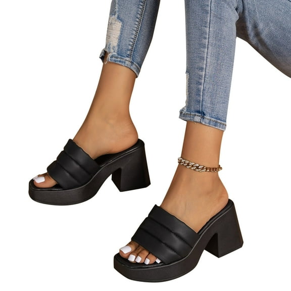 BLTIBY Women's Slippers High Heels Thick Heel Sandals Fashion Square Open Toe Block Slip-On Y2K Summer Comfortable Party Dress Shoes Black 38