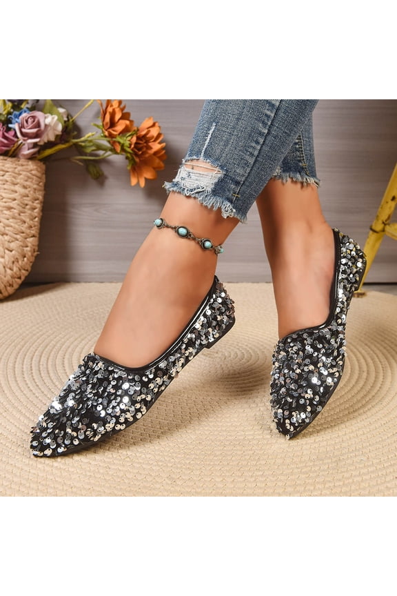 Women's Sparkling Sequin Flat Shoes Pointed Toe Rhinestone Ballet Wedding Flats Black 37