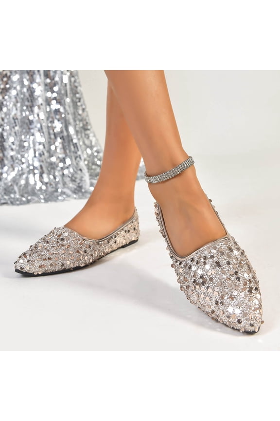 Women's Sparkling Sequin Flat Shoes Pointed Toe Rhinestone Ballet Wedding Flats Rose Gold 41
