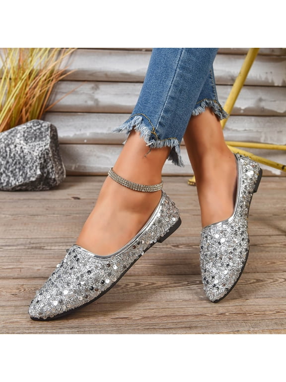 Women's Sparkling Sequin Flat Shoes Pointed Toe Rhinestone Ballet Wedding Flats Silver 39