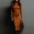thumbnail image 1 of BLTIBY Women's Suede Bodycon Midi Dress Long Sleeve Ruched Elegant Cocktail Party Vintage Dresses Smocked Solid Western Turtleneck Dress Brown S, 1 of 6