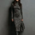 thumbnail image 1 of BLTIBY Women's Suede Bodycon Midi Dress Long Sleeve Ruched Elegant Cocktail Party Vintage Dresses Smocked Solid Western Turtleneck Dress Gray M, 1 of 5