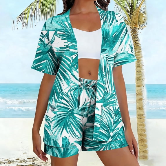 BLTIBY Women's Summer 2 Piece Sets Printed Short Sleeve Cardigan Open Front Shirts Matching Drawstring Shorts Beach Outfits with Pockets Sky Blue XXL