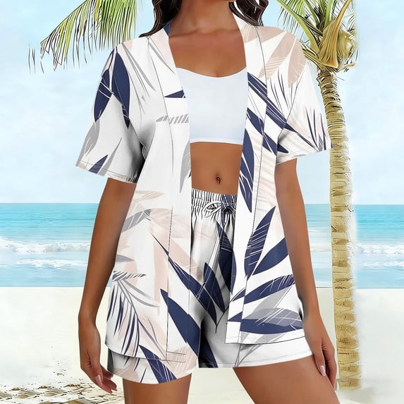 BLTIBY Women's Summer 2 Piece Sets Printed Short Sleeve Cardigan Open Front Shirts Matching Drawstring Shorts Beach Outfits with Pockets White XL