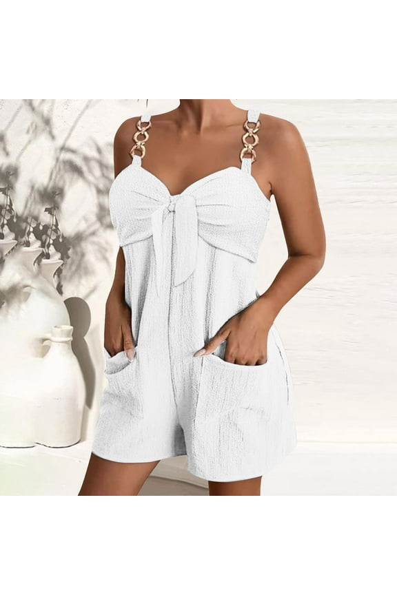 Women's Summer Casual Rompers Shorts V Neck Sleeveless Loose Short Jumpsuit 2025 Beach Vacation Outfits With Pockets White XXL