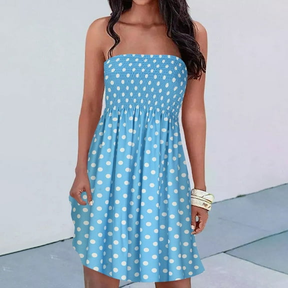 BLTIBY Women's Summer Dress Off the Shoulder Strapless Printed Boho Casual Loose Fashion Dresses with Knee Length 2025 Light Blue S