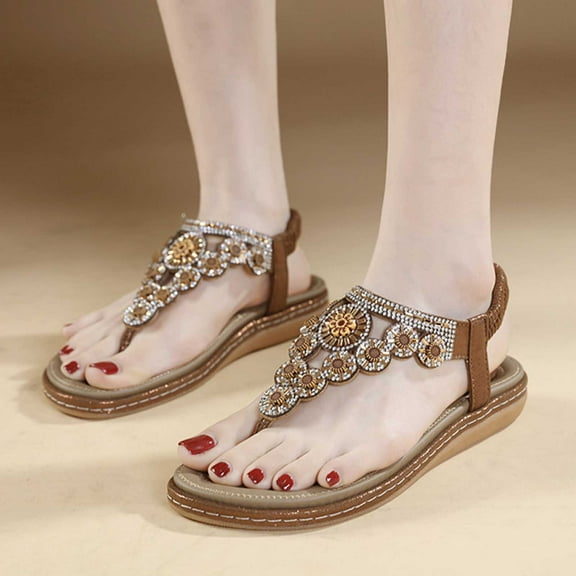 BLTIBY Women's Summer Flat Sandals Bohemian Ethnic Flower Flip Flops Fashion Casual Comfortable Beach Shoes Brown 39