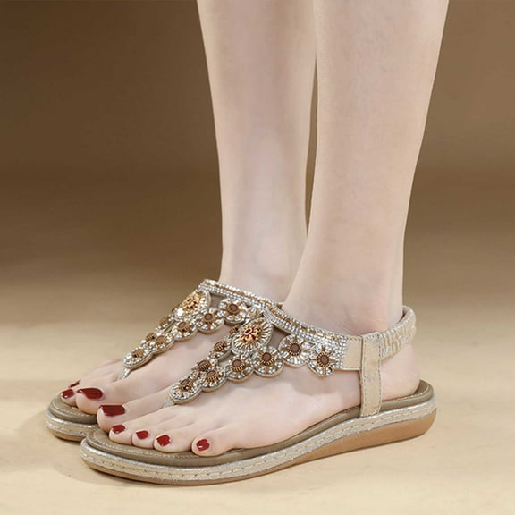 BLTIBY Women's Summer Flat Sandals Bohemian Ethnic Flower Flip Flops Fashion Casual Comfortable Beach Shoes Gold 38