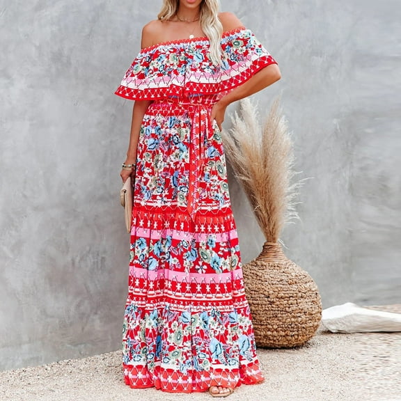 BLTIBY Women's Summer Maxi Dress Off the Shoulder Ruffle Strapless Printed Boho Casual Loose Fashion Long Dresses Red S