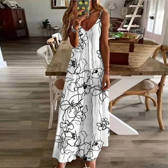 BLTIBY Women's Summer Maxi Dress Off the Shoulder Strapless V Neck Printed Boho Strap Casual Loose Fashion Long Dresses White S