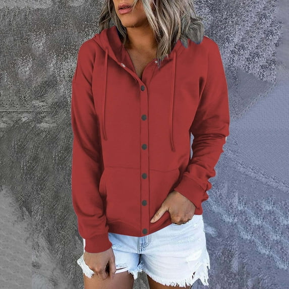 BLTIBY Women's Sweatshirt Jacket Hooded Fall Solid Color Button Down Drawstring Lightweight Outwear Comfortable Casual Coat with Pockets Red M