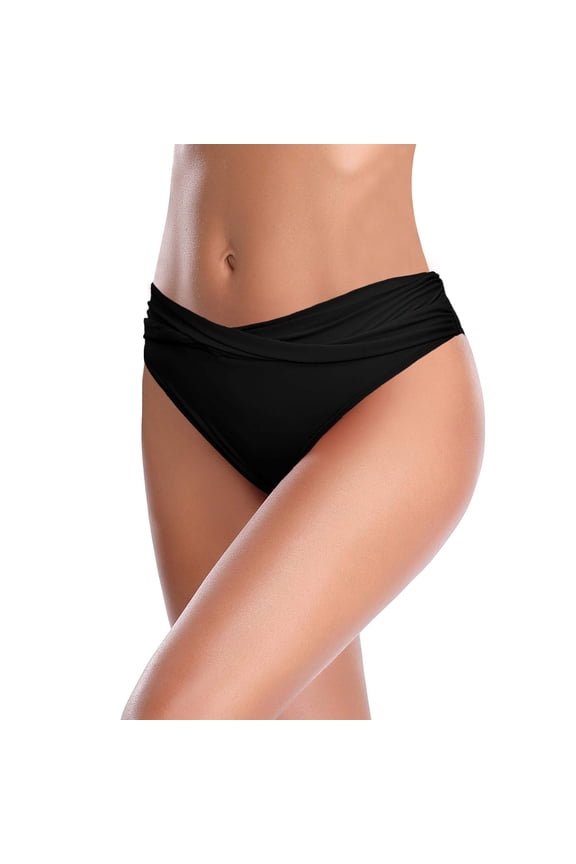 Women's Swimwear Briefs Mid Waisted Solid Color Bikini Bottoms Swimsuit Panties Bottom for Teen Girl Black S