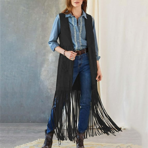 BLTIBY Women's Tassel Sleeveless Vest Coat Solid Color 70s Hippie Fringe Horse Jacket Cardigan Tank Top Fashion Lightweight Shawl Coats Black M