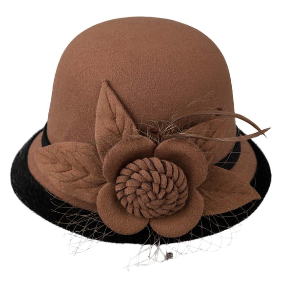 BLTIBY Women's Tweed Bowler Hat Wide Brim Vintage Elegant Church Hats with Mesh and Flowers for Fancy Dress Costumes Accessory Coffee M