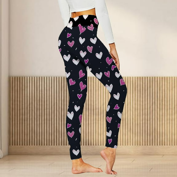 BLTIBY Women's Valentine's Day Yoga Pants High Waist Printed Tummy Control Leggings Workout Tight Athletic Trousers with Pockets Black L
