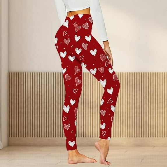BLTIBY Women's Valentine's Day Yoga Pants High Waist Printed Tummy Control Leggings Workout Tight Athletic Trousers with Pockets Red L