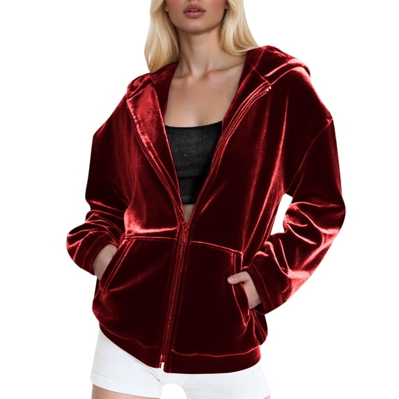 BLTIBY Women's Velvet Hooded Jacket Long Sleeve Coat Full Zip Up Outerwear Soft Warm Tops with Pockets Red S
