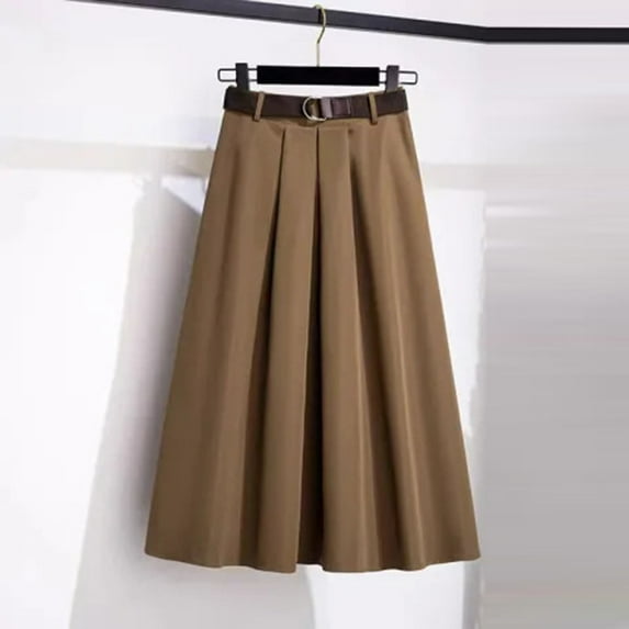 BLTIBY Women's Vintage A-Line Pleated Midi Skirts Elastic Waist Swing Skirt for Office Work Daily Plus Size with Belt Khaki 3XL