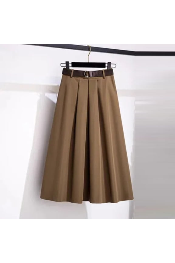 Women's Vintage A-Line Pleated Midi Skirts Elastic Waist Swing Skirt for Office Work Daily Plus Size with Belt Khaki XXL