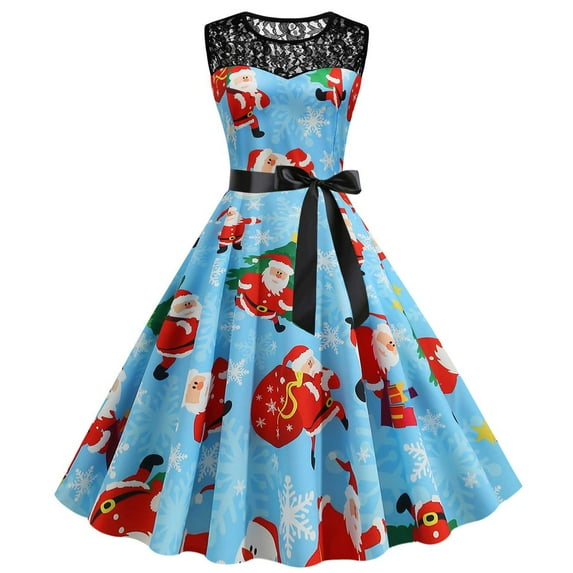 BLTIBY Women's Vintage Christmas Dress Printed Xmas 1950s Rockabilly Swing Dresses Sleeveless Round Neck Lace Cocktail Prom Party Dress Outfits with Belt Blue 2 S