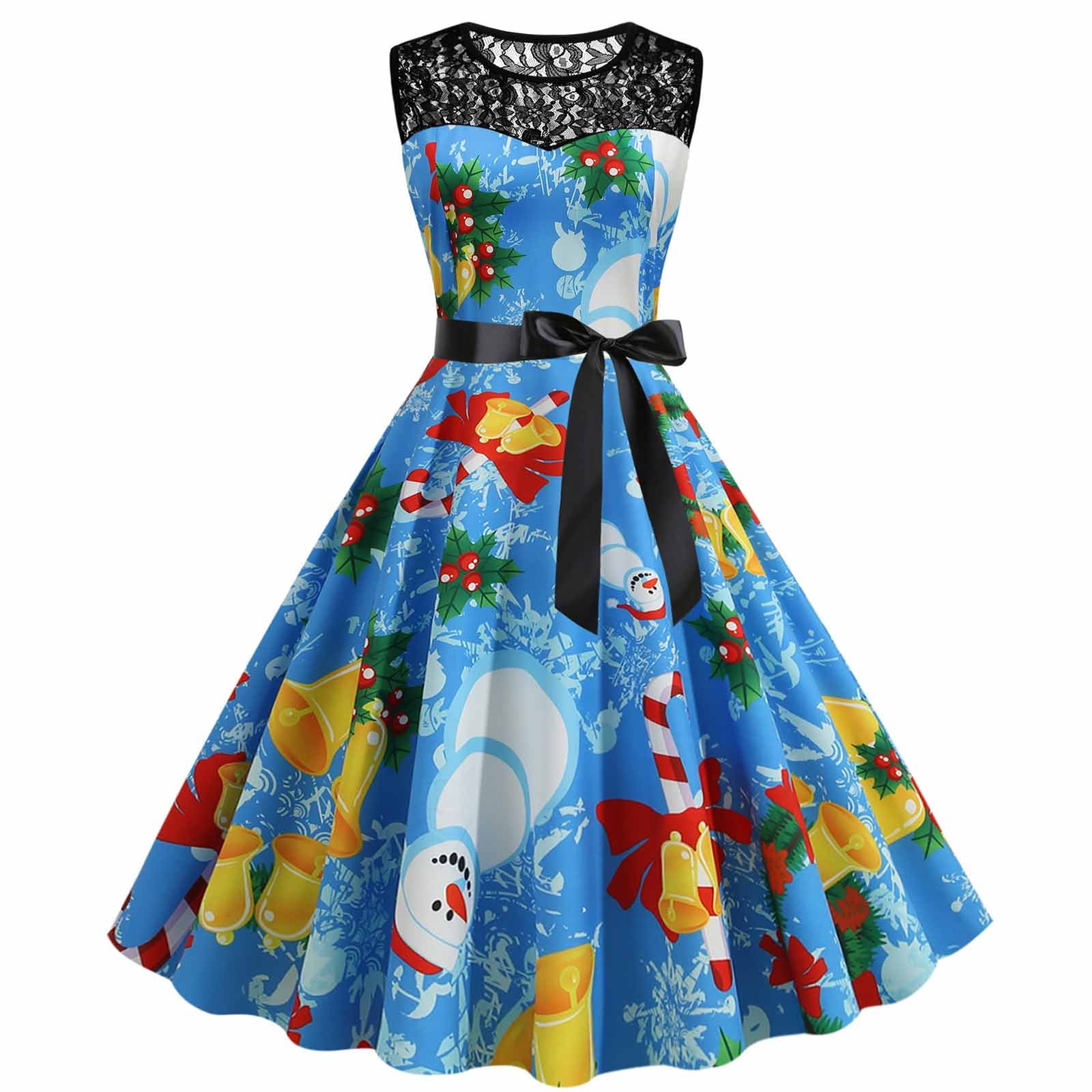 rockabilly christmas dress Bltiby Women's Vintage Christmas Dress Printed Xmas 1950s Rockabilly Swing Dresses Sleeveless Round Neck Lace Cocktail Prom Party Dress Outfits with