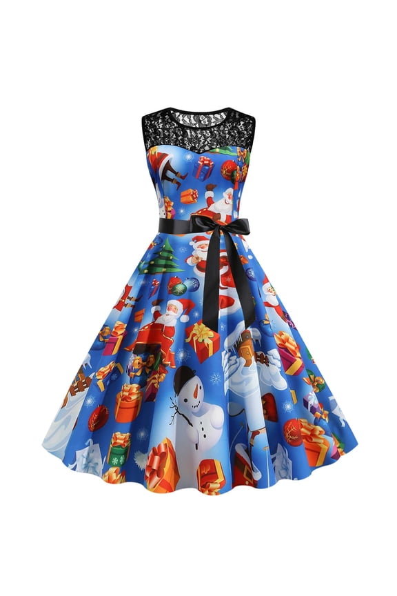 Women's Vintage Christmas Dress Printed Xmas 1950s Rockabilly Swing Dresses Sleeveless Round Neck Lace Cocktail Prom Party Dress Outfits with Belt Navy L