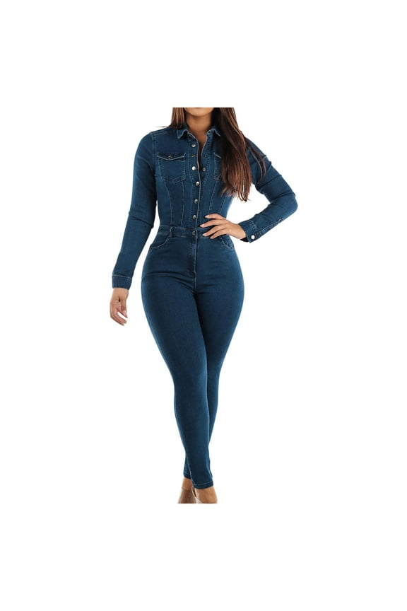 Women's Vintage Denim Jumpsuit Solid Colour Stretch Skinny Jeans Jumpsuits Long Sleeve Button Down Romper One Piece with Pockets Blue L