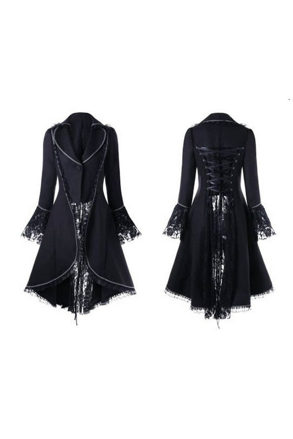 Women's Vintage Lace Up Jacket Fall Winter Solid Colour Slim Waist Long Coat Button Long Sleeve Cape Swing Tailcoat Cosplay Outwear Black S
