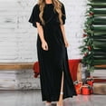thumbnail image 1 of BLTIBY Women's Vintage Velvet Dress Ruffle Short Sleeve Round Neck Gown Elastic Waist Flowly Long Dress Slit Cocktail Dresses Black L, 1 of 4
