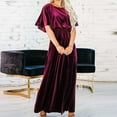 thumbnail image 1 of BLTIBY Women's Vintage Velvet Dress Ruffle Short Sleeve Round Neck Gown Elastic Waist Flowly Long Dress Slit Cocktail Dresses Wine XL, 1 of 5