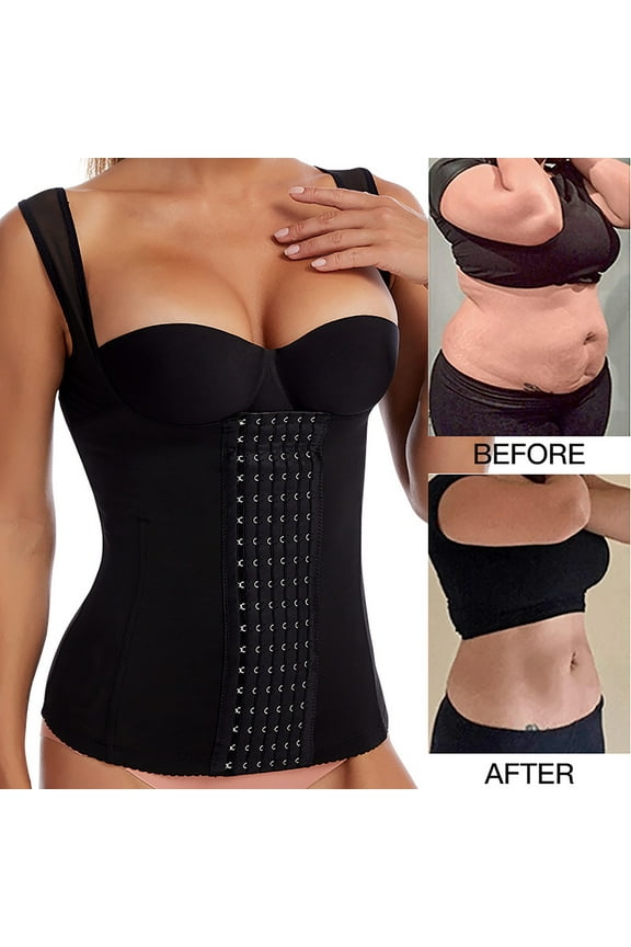 Women's Waist Trainer Cincher Underbust Six-Row 17-Button Corset Vest Steel Boned Hourglass Body Shaper with Hooks Black M