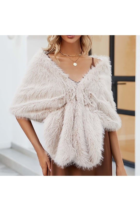 Women's Wedding Faux Fur Shawls and Wraps Elegant Bridal Fur Scarf Stoles for Bride and Bridesmaids Party Show Beige Free Size