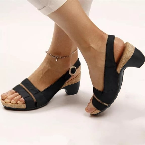 BLTIBY Women's Wedge Heel Buckle Sandals Fish Mouth Fashion Summer Solid Fabric Leather Footbed Sandals Open Toe Shoes Black 39