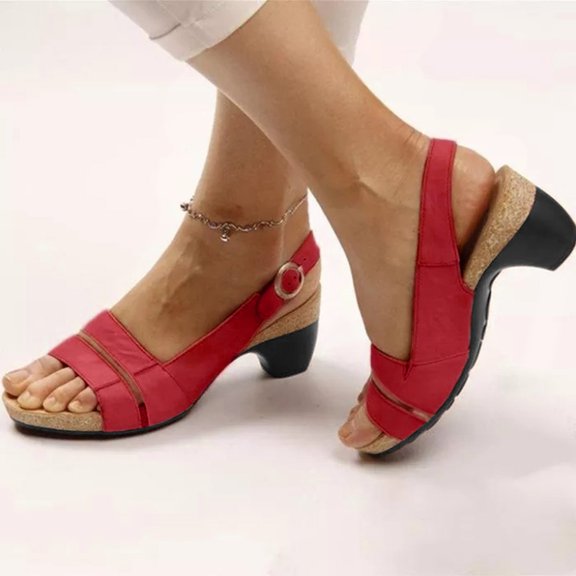 BLTIBY Women's Wedge Heel Buckle Sandals Fish Mouth Fashion Summer Solid Fabric Leather Footbed Sandals Open Toe Shoes Red 38