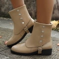 thumbnail image 1 of BLTIBY Women's Western Ankle Boots Chunky Block Heel with Buckle Stud Slip-On Casual Booties Fall Winter Daily Wear Office Commute Khaki 39, 1 of 7