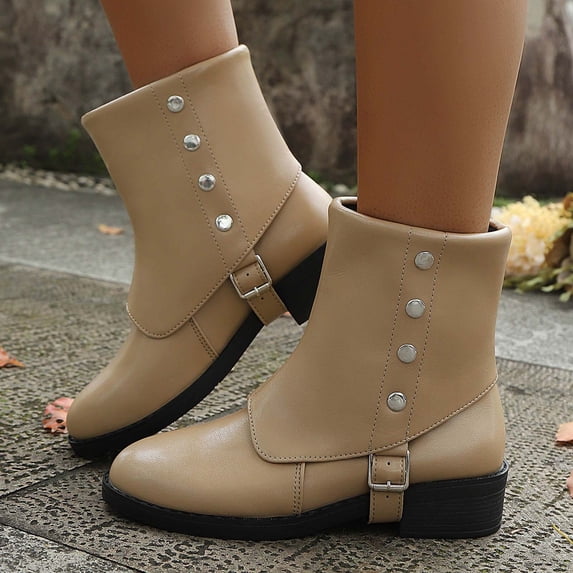 BLTIBY Women's Western Ankle Boots Chunky Block Heel with Buckle Stud Slip-On Casual Booties Fall Winter Daily Wear Office Commute Khaki 39