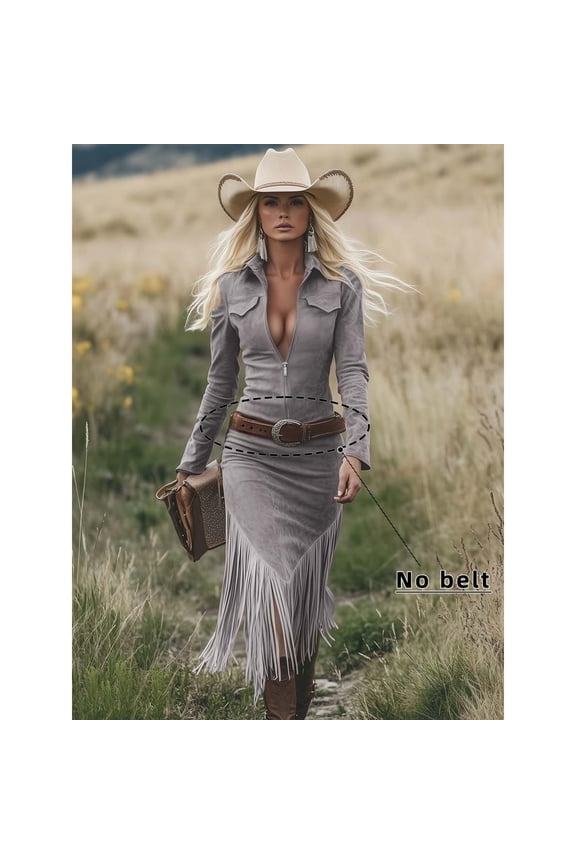 Women's Western Cowgirl Suede Dress Vintage Long Sleeve Slim Fit Fringe Zipper Lapel Dress with Belt Gray L