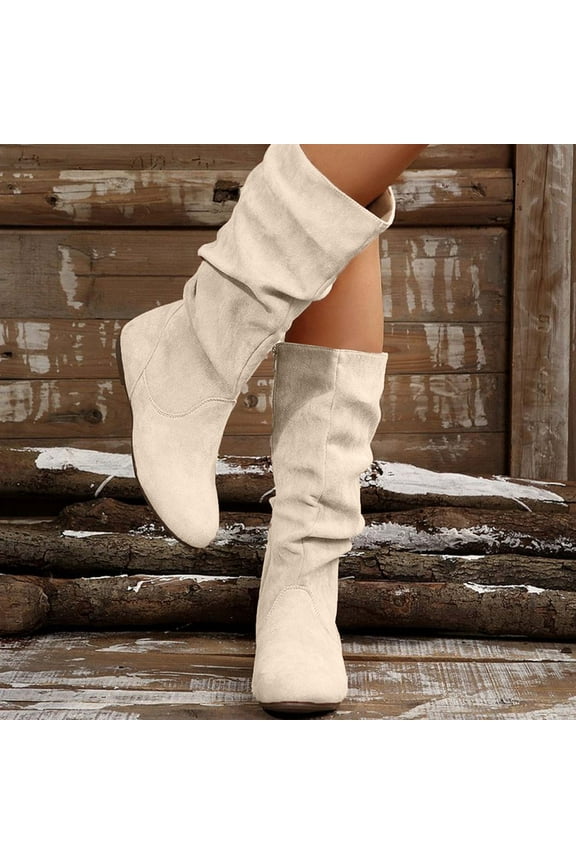 Women's Wide Calf Knee High Boots Flat Heel Side Zipper Faux Suede Western Slouchy Booties Non-Slip Outdoor Boot Beige 39