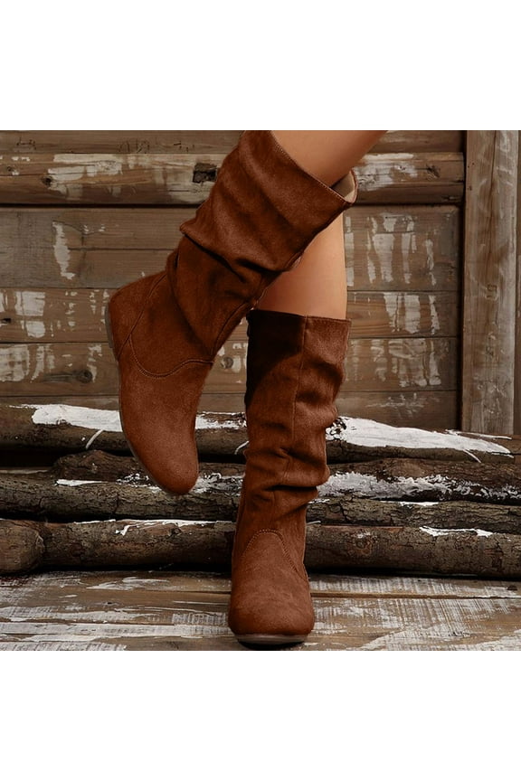 Women's Wide Calf Knee High Boots Flat Heel Side Zipper Faux Suede Western Slouchy Booties Non-Slip Outdoor Boot Coffee 41