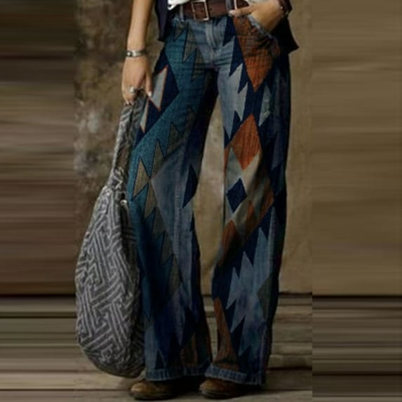 BLTIBY Women's Wide Leg Jeans Fashion Retro Style Comfortable Printed Casual Trousers Pants with Pockets Spring Fall 2025 Orange XXL