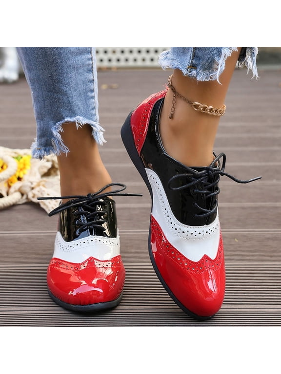 Women's Wingtip Flat Oxford Shoes Patent Leather Perforated Lace-Up Vintage Brogue Dress Shoes for Business Office Everyday Wear Red 41