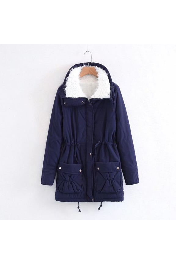 Women's Winter Coat Mid Length Thick Warm Jackets Faux Lamb Wool Lined Parka Coats Zip Up Casual Sherpa Outwear with Pockets Navy L