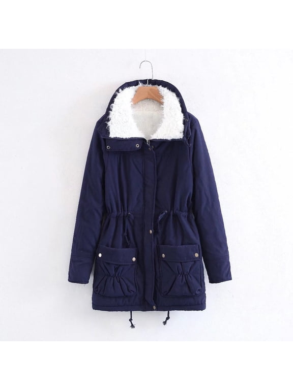 Women's Winter Coat Mid Length Thick Warm Jackets Faux Lamb Wool Lined Parka Coats Zip Up Casual Sherpa Outwear with Pockets Navy XXL